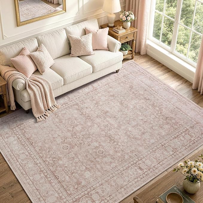 5x7 Ft Area Rugs for Living Room, Soft Non-Slip Machine Washable Rug, Vintage Stain Resistant Carpets for Bedroom Nursery Dining Room Home Decor (Grey Pink)