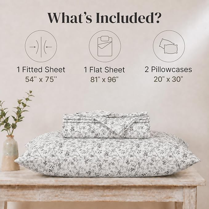 Modern Threads Silky Soft Microfiber and Wrinkle Free Sheets - Luxurious Microfiber Bed Sheets Includes Flat Sheet, Fitted Sheet with Deep Pockets, & Pillowcases Grey Garden Toile, Full
