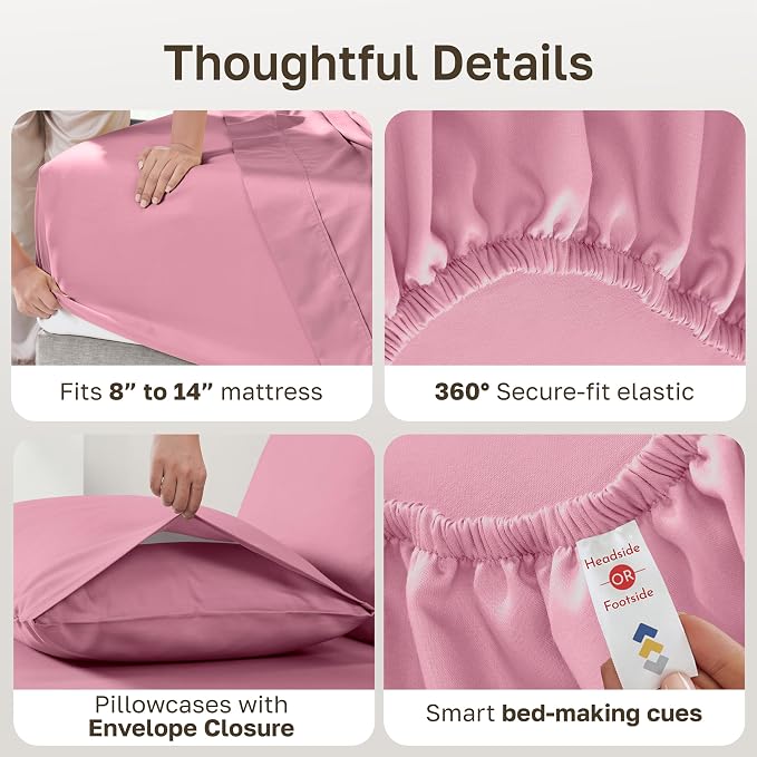 Soft Natural 100% Cotton Sateen King Sheets Deep Pocket, 4 Pcs, Doll Pink | Backed by Good Housekeeping Seal, Light & Breathable For Hot Sleepers, 14" Deep Pocket Set, All-Around Elastic, Durable