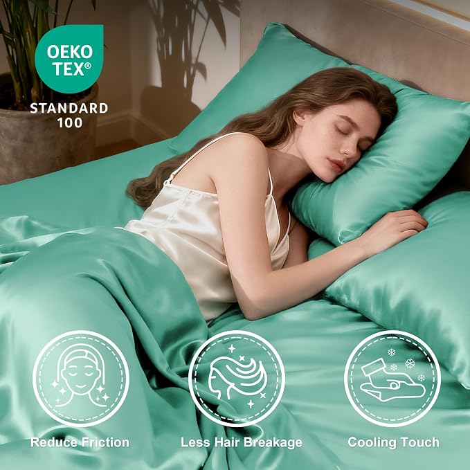 Love's cabin Satin King Sheet Sets - 4 Piece Aqua Silky Sheets King Size Bed Set with Deep Pocket, Luxury Silk Feel King Size Satin Sheet Set (1 Flat Sheet,1 Fitted Sheet,2 Pillow Cases)