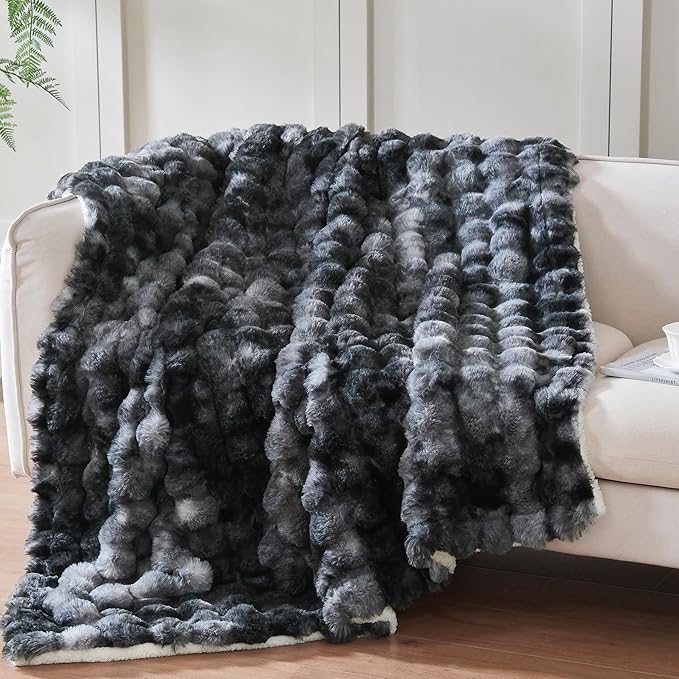 50x60 Inches Ultra-Soft Fuzzy Faux Fur Plush Throw Blanket - Thick, Warm Sherpa for Couch, Sofa, Bedroom, Camping - Decorative Blanket for Cozy Warmth, Bubble Black Tie Dye