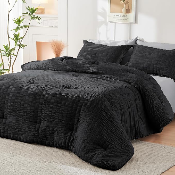 HYMOKEGE Black/Light Grey Oversized King Comforter Set Seersucker 7 Pieces, All Season Luxury Bed in a Bag for Bedroom, Bedding Set with Comforter, Sheets, Pillowcases & Shams