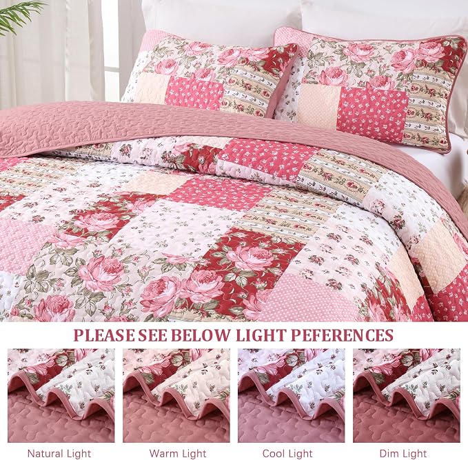 Anibedding Floral Patchwork Quilt Set Queen Size, Red Rose Plaid Bedspread | 3 Pcs Country Floral Coverlet Set, Soft Lighweight Farmhouse Quilt Bedding Set 3 Pieces for All Season, 96''x90''