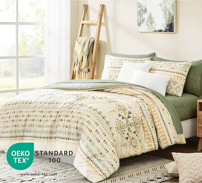 King Size Comforter Set - 7 Pieces Western Bedding Reversible Bed in a Bag | Boho Bedding, All Season Aztec Bed Set with Comforter, Sheets, Pillowcases & Shams, Olive Green