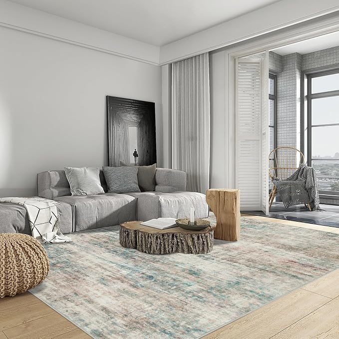 4x6 Area Rugs for Living Room: Washable Abstract Multi Color Badroom Carpet | Non-slip TPE backing makes this washable soft low-pile rug safe & durable, Pet-friendly decor for dining room,nursery,office