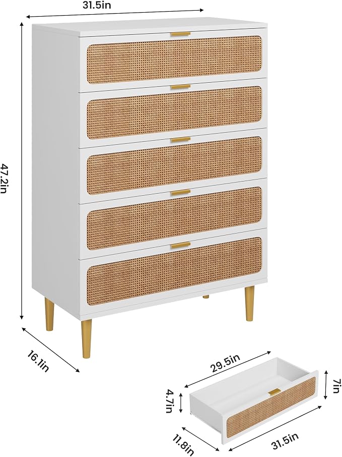 GarveeHome Rattan 5 Drawer Dressers for Bedroom, Deep Drawer, White | Tall Dresser, Wide Top, for Living Room, Hallway, Kids Room, Large Chest of Drawers for Closet, Long Wooden Dresser