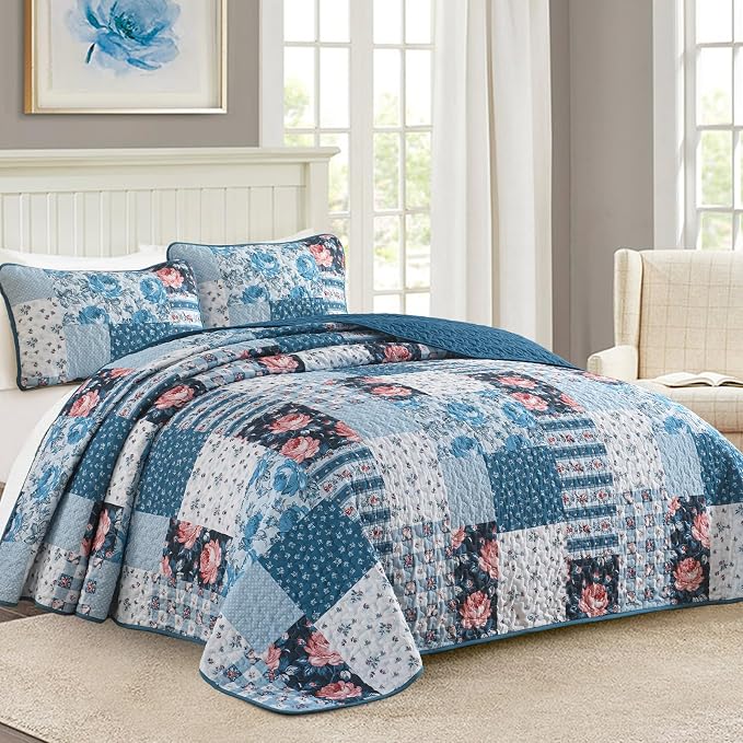 Anibedding Quilt Set King Size, 3 Pieces Blue Floral Patchwork Bedspread with Red Flower Pattern Coverlet Set, Soft Microfiber Bedding Set Reversible Bed Cover for All Season 110''x90''