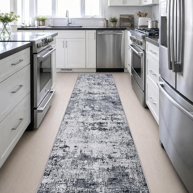 2.6x14 Washable Runner Rug:Modern Abstract Indoor Soft Carpet Grey | For Hallway, Bedroom, Kitchen, Laundry, Bathroom,Door Mat,Modern Abstract,Machine washable,Non-Slip,Stain Resistant,Indoor