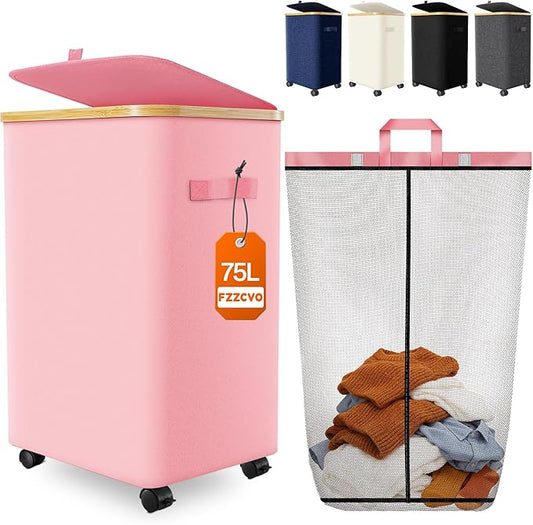 Laundry Hamper with Wheels, 75L Rolling Laundry Basket, Removable Inner Bag | Clothes Hampers for Laundry, Collapsible Dirty Clothes Hamper for Dorm, Bedroom, Bathroom, Laundry Room