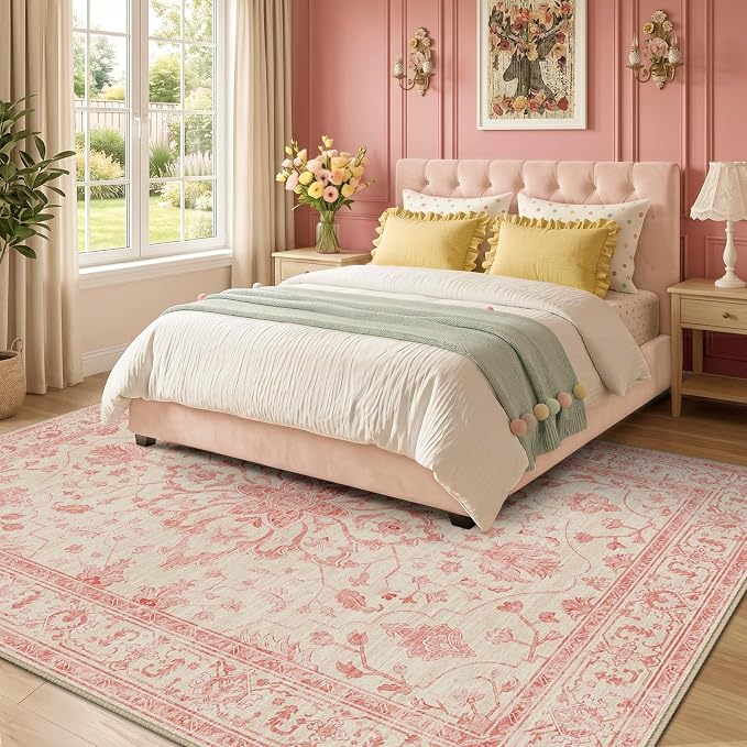 RELEANY Washable Area Rug, 5'x7', Pink/Light Vintage Pink | Non-Slip, Water Repellent, Pet Friendly, Easy to Clean, Vintage Floral Boho Decor for Living Room Bedroom Dining Room Office