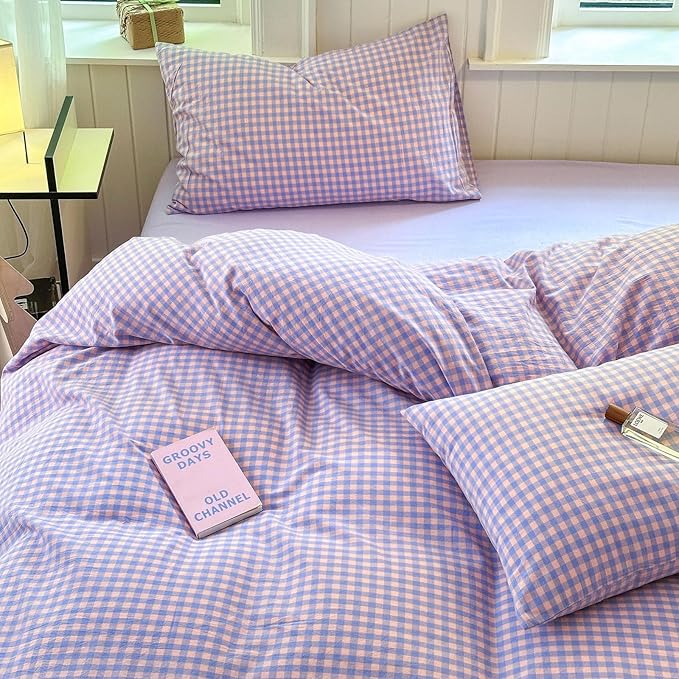 LifeTB Purple Gingham Comforter Queen Comforter Set Fluffy Soft Plaid Checkered Pattern Comforter Purple Pink Gingham Bedding Set Farmhouse Grid Plaid Comforter Set for All Seasons Queen Size