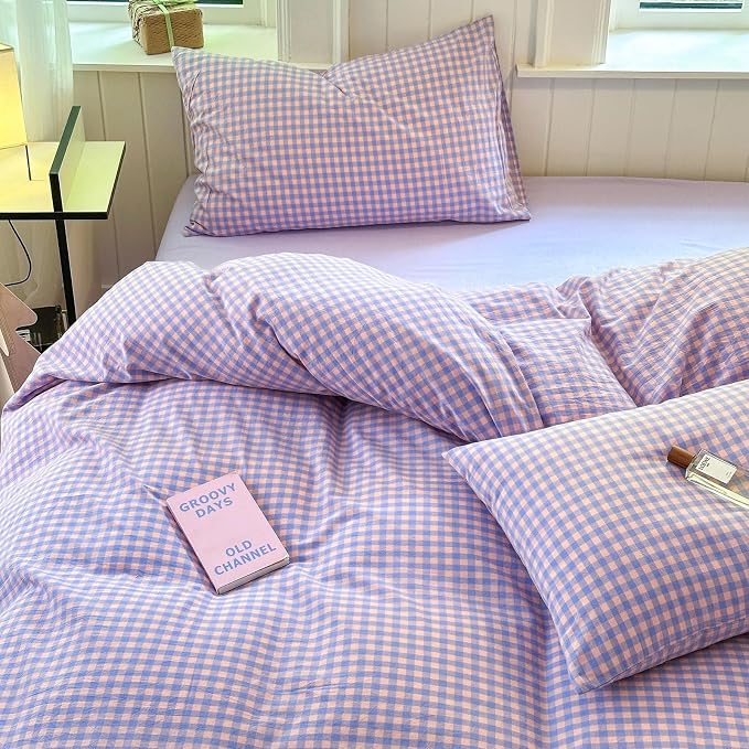 LifeTB Purple Gingham Comforter Set Full Modern Style Purple Pink Grid Plaid Comforter Soft Fluffy 3 Pieces Checkered Pattern Comforter Set Farmhouse Gingham Bedding Comforter with 2 Pillowcases