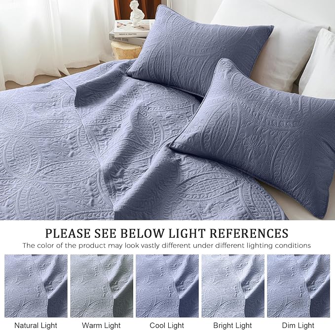 akkialla Quilts Queen Size,Bluish Grey Ultrasonic Full/Queen Quilt Set,Lightweight Soft Bedspread Coverlet,Modern Style Coin Pattern Bed Cover for All Seasons,3 Piece(1 Quilt,2 Pillow Shams)