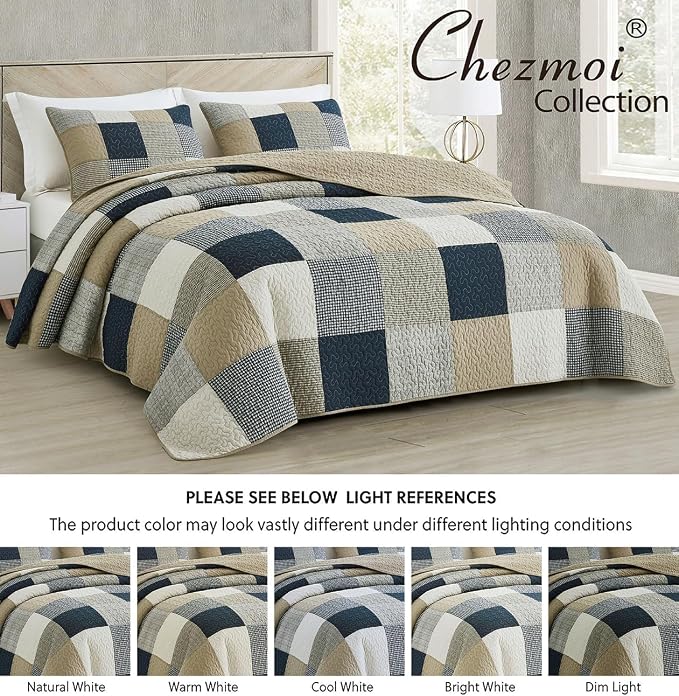 Chezmoi Collection Samuel 3-Piece Navy Blue White Gray Taupe Plaid Square Patchwork Quilt Set - Pre-Washed Cotton Quilted Lightweight Reversible Bedspread for All Seasons, Super King Size