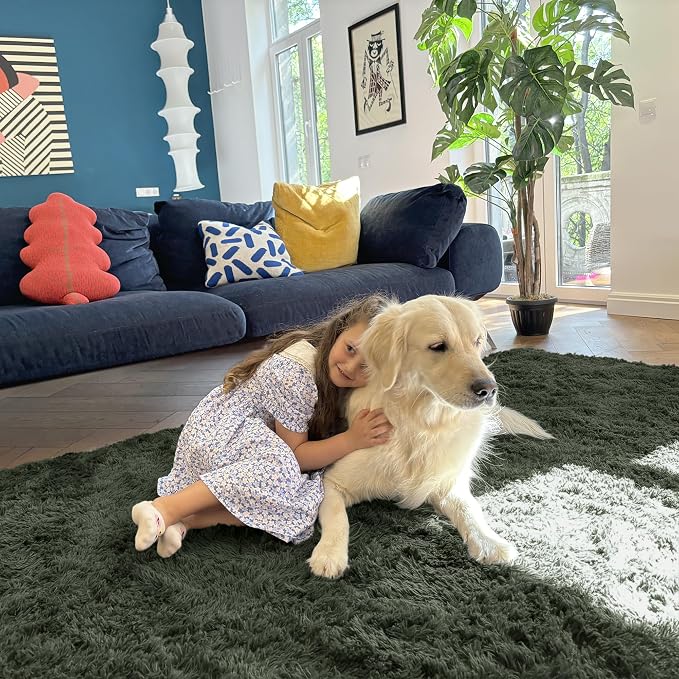 OLANLY 2x5 Machine Washable Runner Rugs for Hallway, Soft Fluffy Shaggy Bedside Rugs for Bedroom, Living Room, Indoor Floor Carpet for Kids Girls and Boys, Home Decor Aesthetic, Olive Green
