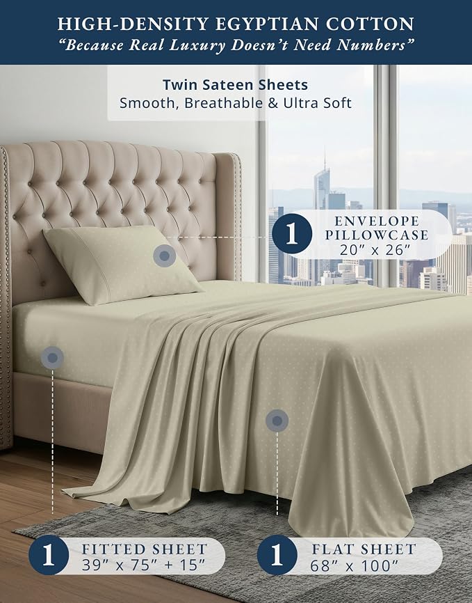 LANE LINEN 100% Cotton Twin Sheets 100% Egyptian Cotton Sateen - Linen | Twin Mattress Sheets - 3-Piece Set, Ideal For Dorms And Guest Beds, For A Luxurious Night's Sleep, Luxe Sheen,