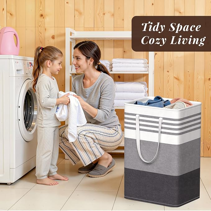 WOWBOX 2 Pack Laundry Baskets, Collapsible Dirty Clothes Laundry Hampers | with Reinforced Handles, Waterproof Coating, 2 Pack for Clean & Dirty Clothes, for Bedroom, Bathroom, Dorm (75L Grey)