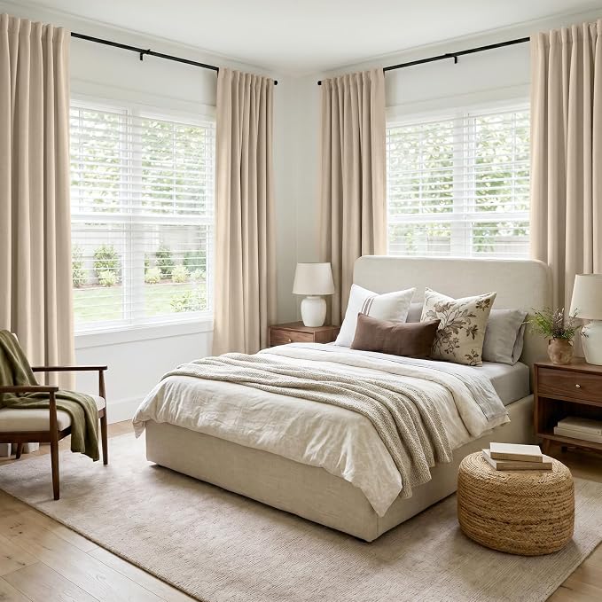 INOVADAY 100% Blackout Linen Curtains for Bedroom 50x90 Inches Natural Flax | Linen Textured, Light Blocking, Room Darkening, Thermal Insulated, Back Tab Top, Window Curtains for Living Room, 2 Panels