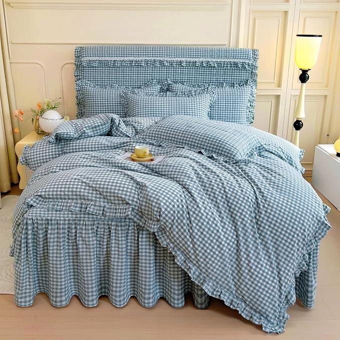 LifeTB Twin XL Comforter Set Blue Gingham Comforter with 2 Pillowcases Ruffle Plaid Grid Pattern Comforter Set for Men Boys Fluffy Soft Lightweight Bedding Boho Plaid Checkered Comforter Twin XL