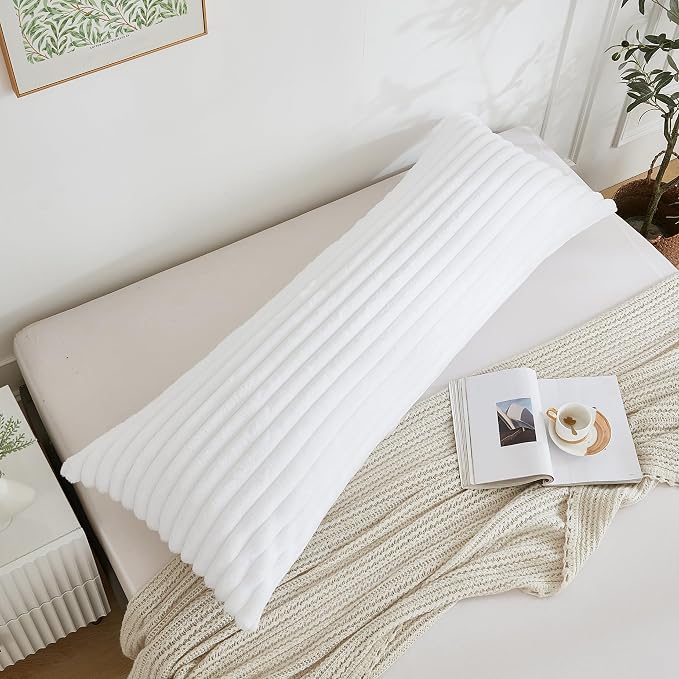 Full Body Pillow with Fluffy Stripe Faux Fur Removable Cover, Long Bed Pillow Adult 20x54 Inches for Side Sleeper and Pregnancy, White.