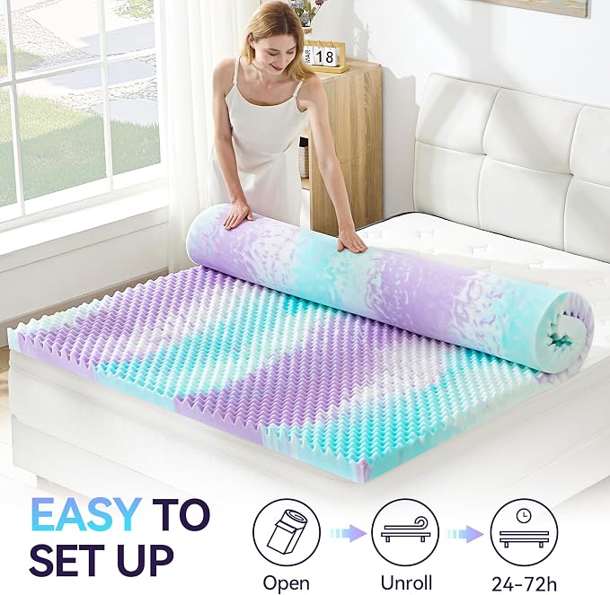 SINWEEK 2 Inch Egg Crate Memory Foam Mattress Topper Twin Size, Soft Mattress Pad for Back Pain Relief, Bed Topper, CertiPUR-US Certified, Colorful