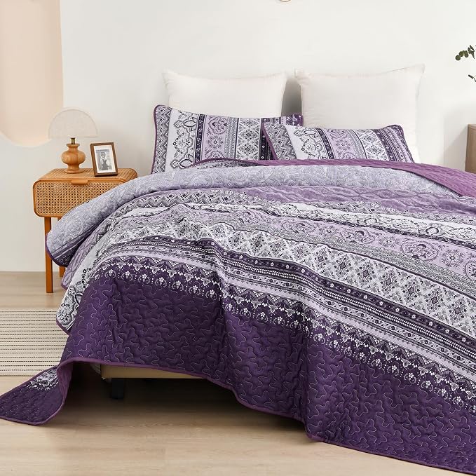 WONGS BEDDING Boho Quilt Queen Size,3 Pcs Purple Bedspread Bedding Set | Colorful Bohemian Striped Printed Bedding for All Season, Lightweight Microfiber Coverlet Set with 2 Pillowcases(96"x90")