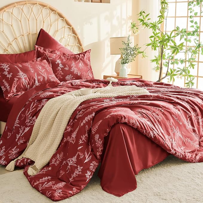 MUXHOMO Duvet Cover Queen Size, Reversible Floral Terracotta Duvet Cover Set with Zipper Closure, 3 Pieces Botanical Patterns Soft Microfiber Bedding Set with 4 Ties (90"x90", 2 Pillow Cases)