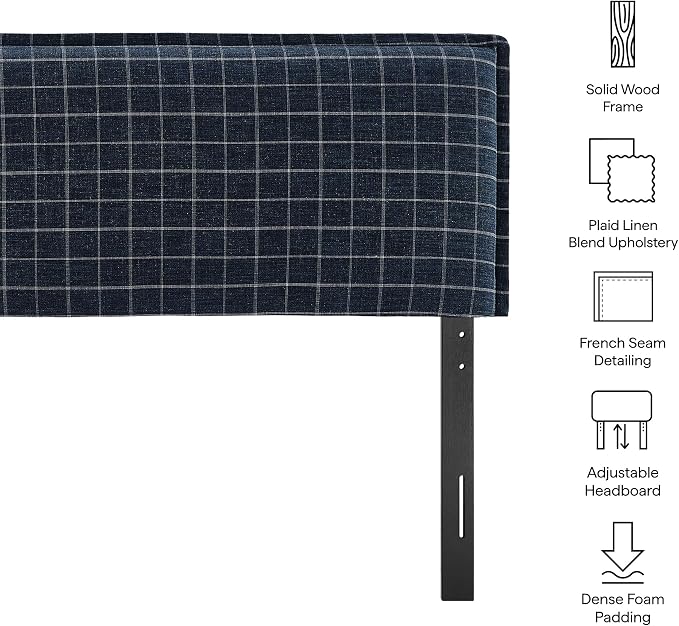 Modway Camille King Size Checkered Linen Blend Plaid Headboard with Removable Slipcover – in Denim Windowpane Check - Padded Pillow Style Headboard with Adjustable Mounting for King Beds