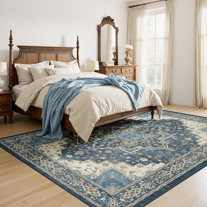 AMADA HOMEFURNISHING 8x10 Area Rug for Living Room, Vintage Washable Area Rug Low-Pile & Non-Slip Carpet for Bedroom Dining Room Nursery Home Office, Navy Blue/Beige