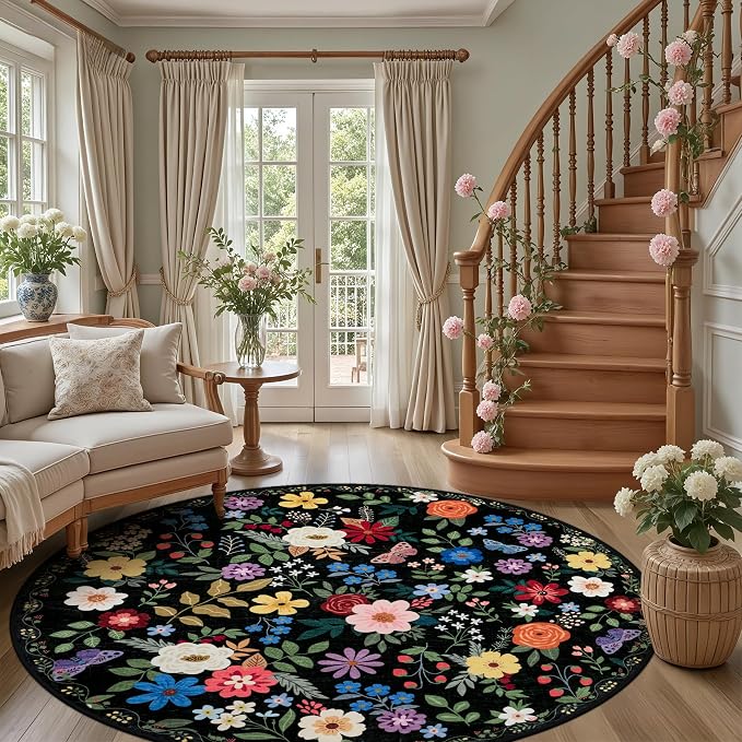 PLHXFR Round Area Rug Living Room: 8 ft Floral Washable Soft Carpet Black | For Bedroom Dining Room Farmhouse Nursery Hallway,Vintage Floral,Machine washable,Non Slip,Stain Resistant,Large Indoor