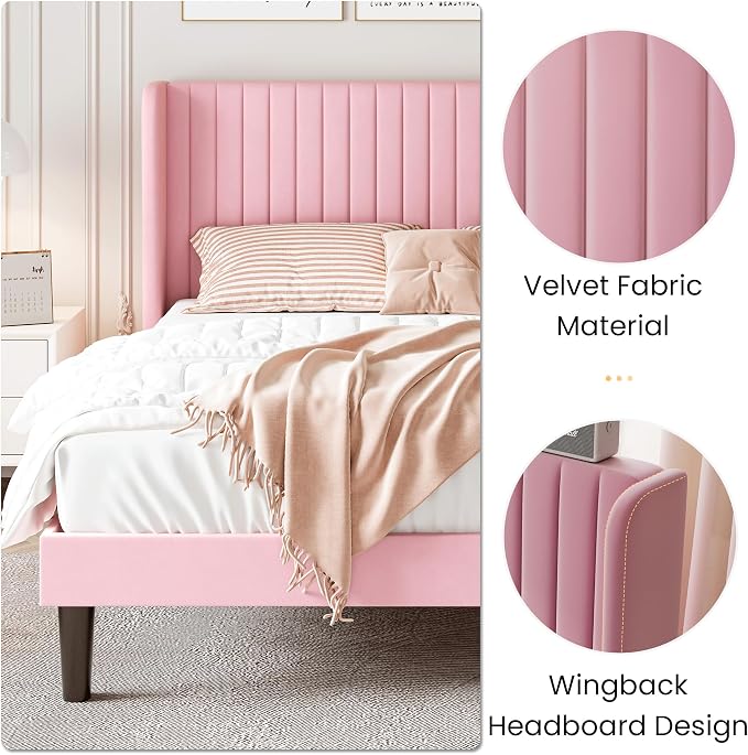 SHA CERLIN King Size Velvet Bed Frame, Tufted Wingback Headboard, Pink | 47'' Modern Vertical Channel Headboard, Upholstered Platform Bed, Wood Slats, No Box Spring Needed, Easy Assembly, Noise Free