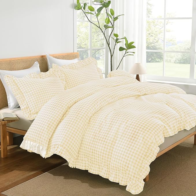 Andency Yellow Gingham Duvet Cover Queen, Ruffle Shabby Bedding Set 3 Pcs | Farmhouse Soft Pre-Washed Polyester Comforter Cover with Zipper Closure & Corner Ties, 90x90Inch