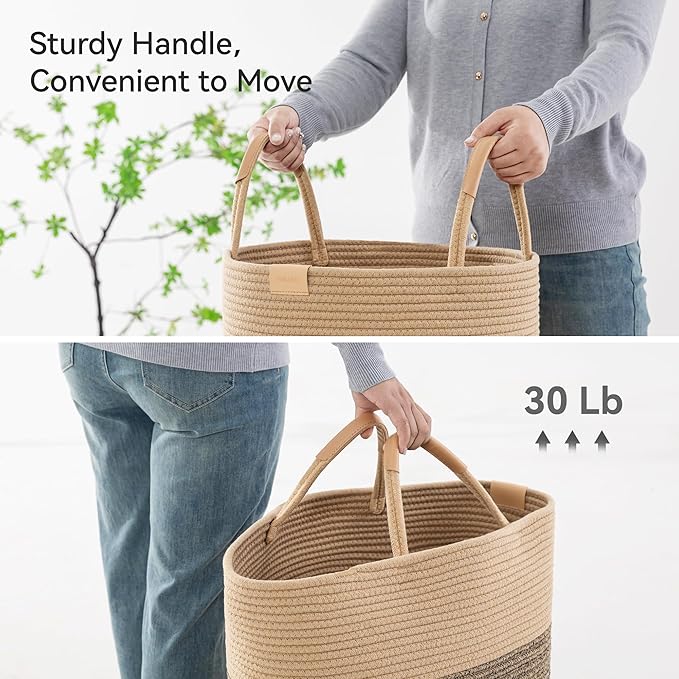 Nunsino 95L Striped Laundry Hamper with Leather Handles,Large Foldable Laundry Basket for Clothes,Cotton Rope Storage Bin for Blankets,Woven Clothes Basket for Bedroom,Dark Brown Stripes