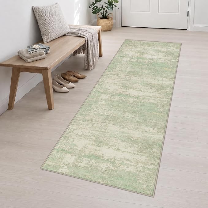 2.6x10 Washable Runner Rug:Modern Abstract Soft Carpet Green Cream | For Hallway, Bedroom, Kitchen, Laundry, Bathroom,Door Mat,Modern Abstract,Machine washable,Non-Slip,Stain Resistant,Indoor