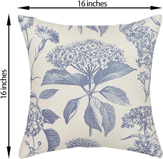 Vintage Blue Pillow Covers 16x16 Inch 2 Pcs Boho Floral Decor Throw Pillows Hydrangea Flower Seasonal Outdoor Farmhouse Neutral Accent Decoration Pillowcase Linen Cushion Cover for Couch