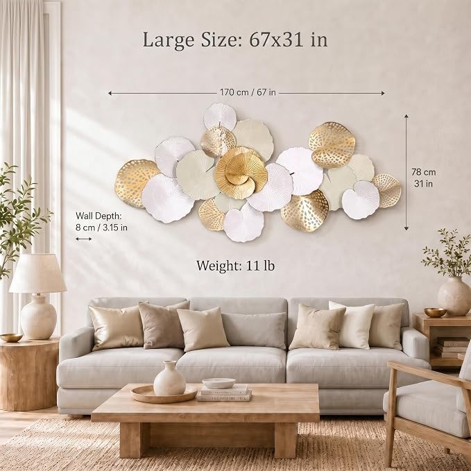 Axioglo 67" Large Wall Decor 3D Lotus Leaf Metal Wall Art for Living Room | 67" x31" metal wall decor with layered metal texture, mounting hardware, two-way display