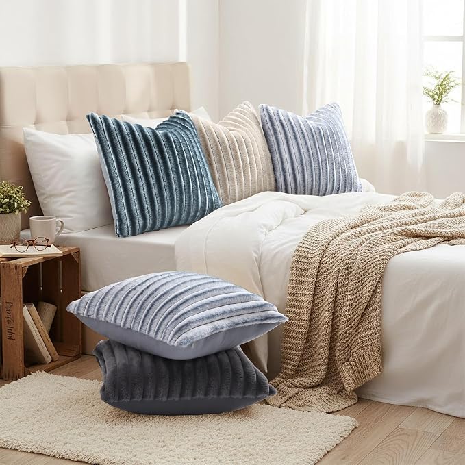 decorUhome Fall Faux Fur Throw Pillow Covers 22x22 Set of 2 Grey White | Decorative Soft Cozy Striped Plush Modern Farmhouse Boho Couch Pillow Cases Velvet Back for Sofa Bed Living Room Home Decor