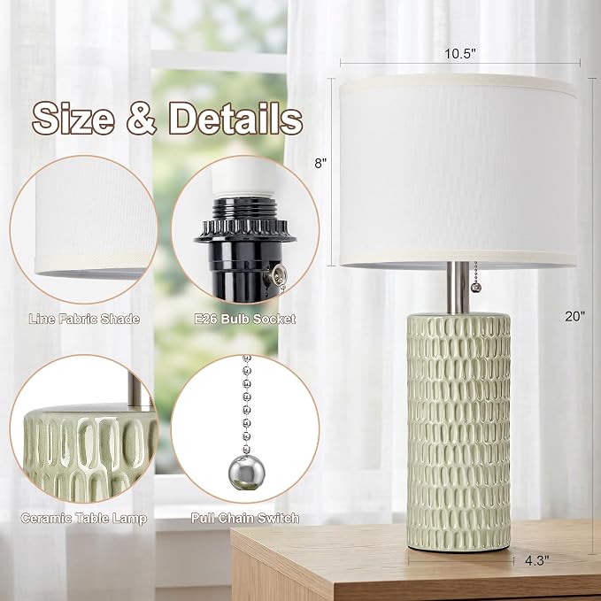 Reaketon 20” Modern Table Lamps Set of 2, Lamps for Bedroom, Light Green | Ceramic Table Lamps for Nightstands, Small Table Lamps for Living Room, Bedside, End Table, Kids Room, Pull Chain Switch