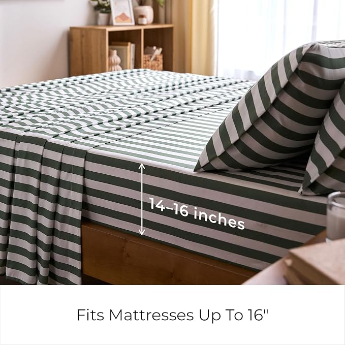 Mellanni Iconic 4-Piece, Ultra Soft Sheet Set (Queen, Oxford Stripe Sage) | 10M+ Sleepers. Lab-tested: Sleeps Cool, Stays Bright, Strong, Smooth. Good Housekeeping Best Bedding, 7 yrs running.