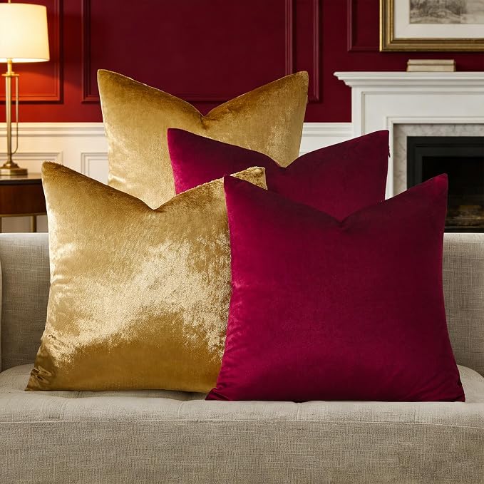 GIGIZAZA Pack of 4 Decorative Velvet Pillow Covers 18x18 Burgundy Gold | Throw Pillows for Couch Sofa,280gsm Soft Textured Fabric,Modern Accent Pillowcases,Luxury Living Room Cushion Covers