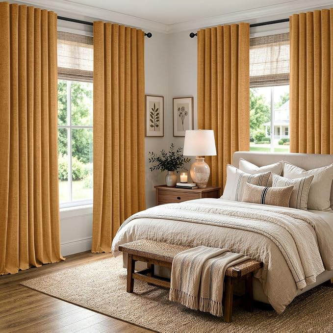 MIULEE Fall 100% Blackout Linen Curtains 42" x 84" Mustard Yellow 2 Panels | Thermal Insulated, Room Darkening Drapes for Bedroom Living Room, Back Tab Rod Pocket Pinch Pleated, Solid Luxury Decor