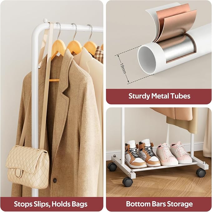 KIMBORA Small Clothing Rack with Wheels, Portable Clothes Racks for Hanging Clothes, 56" Metal Rolling Garment Rack for Coats, Jackets, and Shirts, White