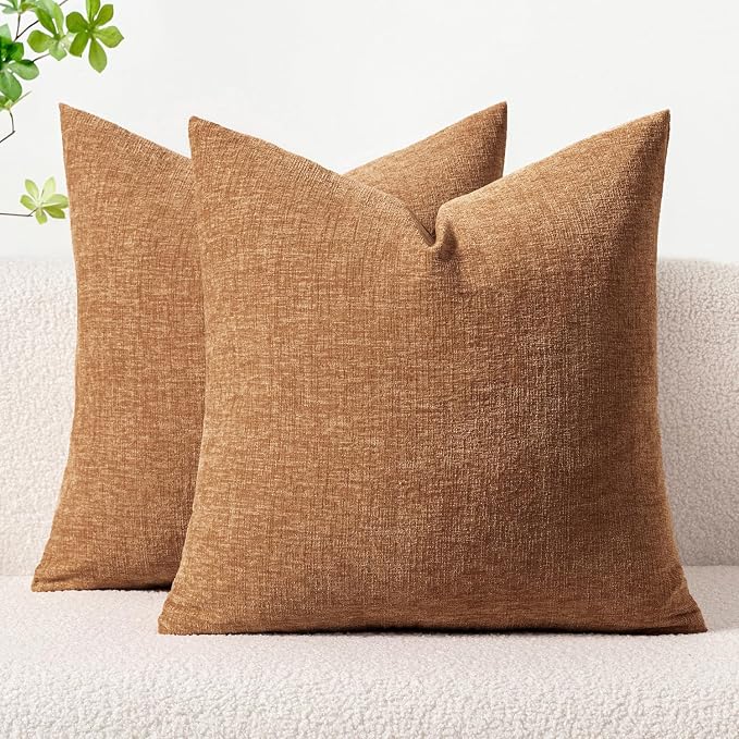 MIULEE Soft Chenille Throw Pillow Covers Brown 20x20 Inch Pack of 2 | Modern Home Decor, Classic Decorative Pillows, Solid Dyed Cases, Boho Couch Cushion Covers for Sofa Bed Living Room