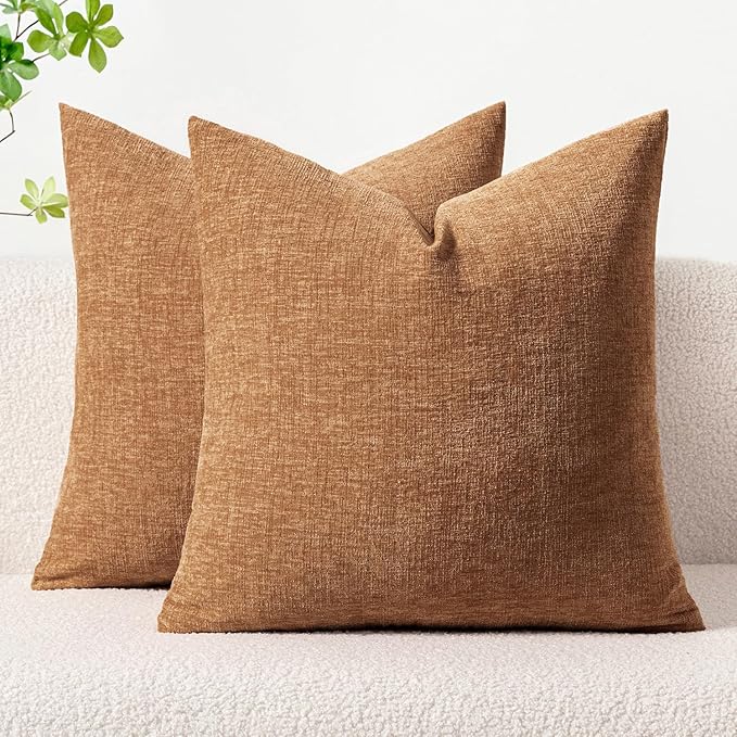 MIULEE Soft Chenille Euro Throw Pillow Covers Brown 24x24 Inch Pack of 2 | Modern Home Decor, Classic Decorative Pillows, Solid Dyed Cases, Boho Couch Cushion Covers for Sofa Bed Living Room