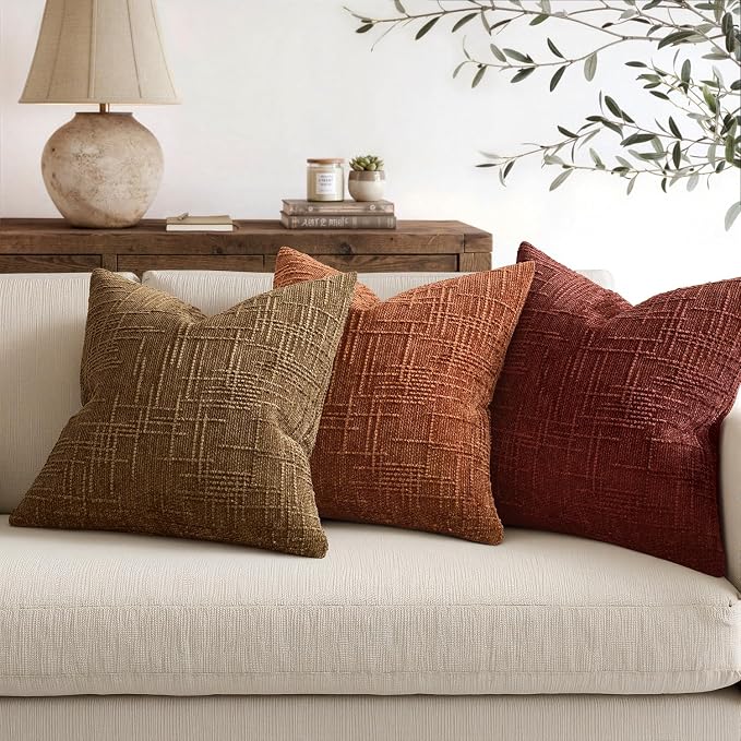 MIULEE Chenille Textured Fall Throw Pillow Covers Bronze 18x18 Set of 2 | Slubby Decorative Pillows, Boho Farmhouse Rustic Home Decor, Modern Neutral Cushion Covers for Couch Sofa Bed Living Room