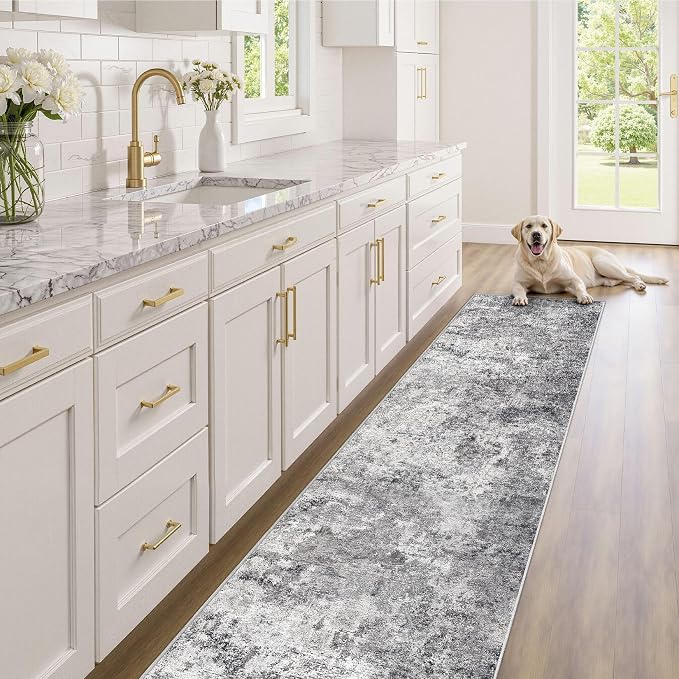 UERMEI 2x10 Washable Runner Rug for Hallway, Non Slip Low Pile Kitchen Carpet, Neutral Modern Abstract Indoor Floor Mat for Entryway Laundry, Kid & Pet Safe High Traffic Area, Grey