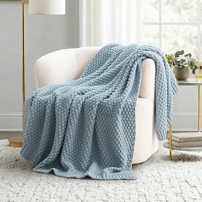 EVERGRACEHOME Chunky Chenille Knit Throw Blanket, 60 x 80, Chambray Blue | Sculpted Moss Stitch, Chic Modern Farmhouse, All-Season Warmth, OEKO-TEX® Certified, Elegant Blanket for Couch, Bed, Sofa