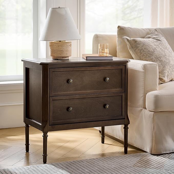 HULALA HOME Solid Wood End Table with Charging Station, Mid-Century Modern End Table with 2 Drawer, Adjustable Solid Wood Feet, Easy Assembly, Walnut