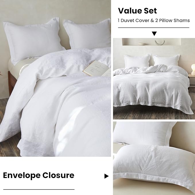 Simple&Opulence 100% Linen Duvet Cover Set with Crossed Embroidery Washed - 3 Pieces (1 Duvet Cover with 2 Pillow Shams) Soft Breathable Farmhouse - White, Queen Size