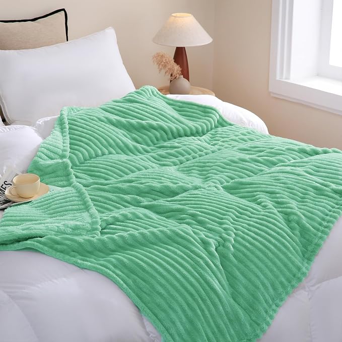 Mint Green Fleece Throw Blanket 50”×60” for Couch Sofa Livingroom | Super Soft Cozy Plush Microfiber Flannel Bed Blanket Striped Design Lightweight Home Decor Gifts for Adults Mom Women